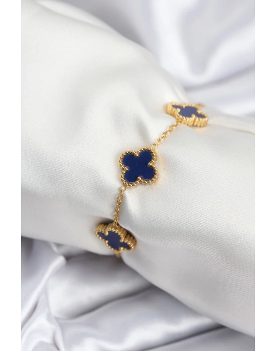 316L Çelik Zincir Gold Renk Lacivert Yonca Kadın Bileklik
