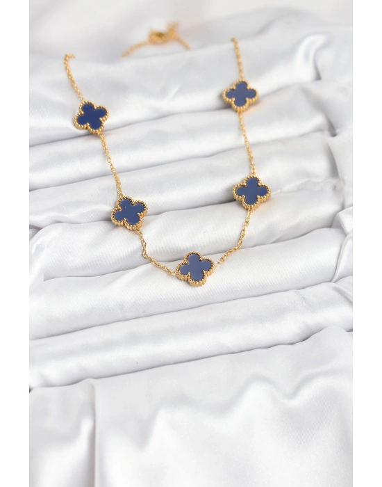 316L Çelik Zincir Gold Renk Lacivert Yonca Kadın Kolye