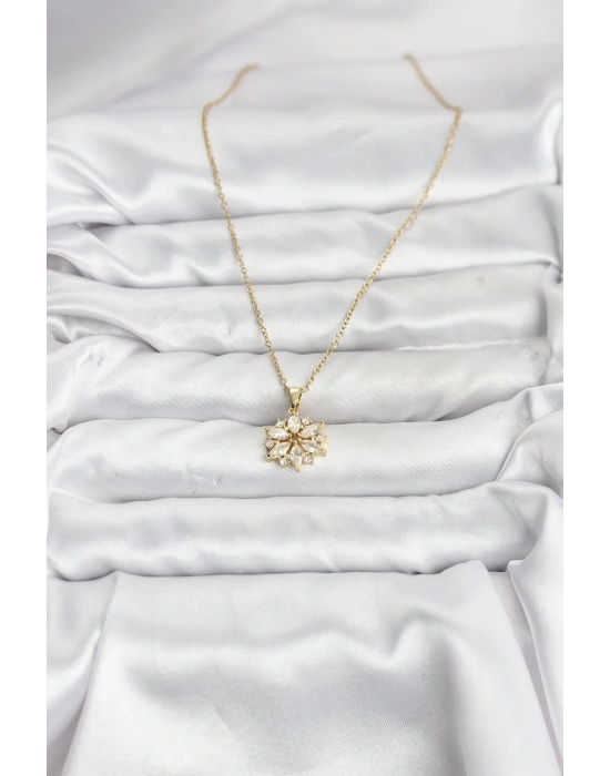 316L Çelik Zincir Gold Renk Lotus Model Zirkon Taşlı Kadın Kolye