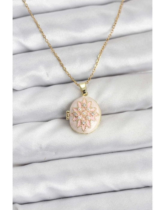 316L Çelik Zincir Gold Renk Mineli Lotus Model Açılabilir Kadın Kolye