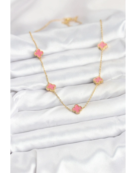 316L Çelik Zincir Gold Renk Pembe Baby Boy Yonca Kadın Kolye