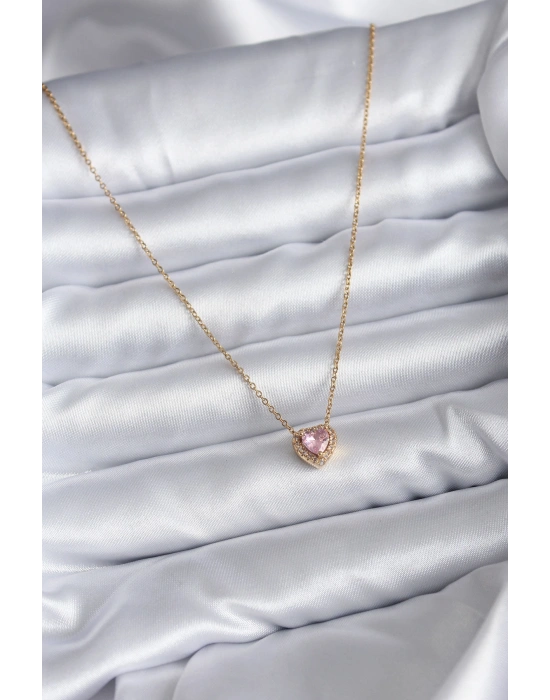 316L Çelik Zincir Gold Renk Pembe Zirkon Taşlı Charm Kadın Kolye