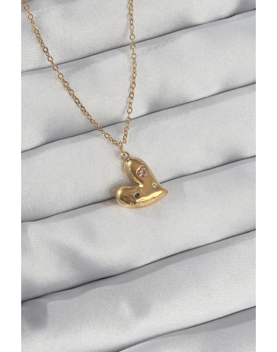 316L Çelik Zincir Gold Renk Renkli Zirkon Taşlı Kalp Kolye