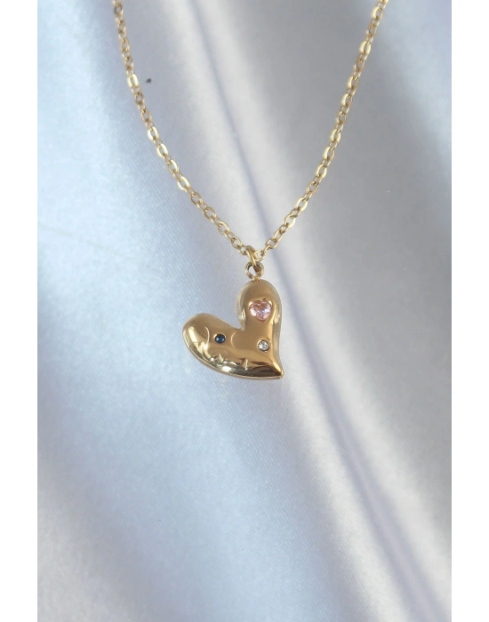 316L Çelik Zincir Gold Renk Renkli Zirkon Taşlı Kalp Kolye