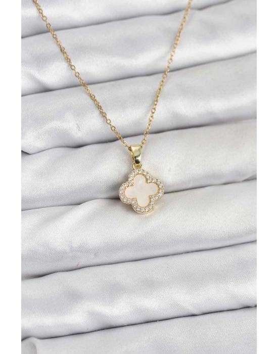 316L Çelik Zincir Gold Renk Sedefli Yonca Kadın Kolye