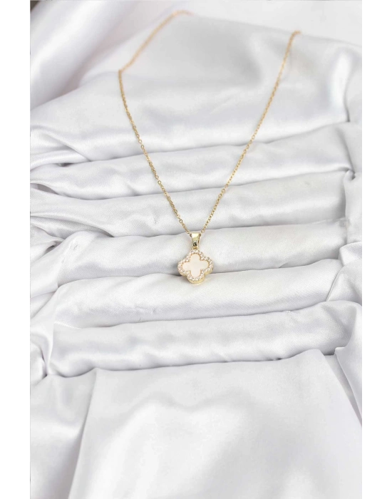 316L Çelik Zincir Gold Renk Sedefli Yonca Kadın Kolye