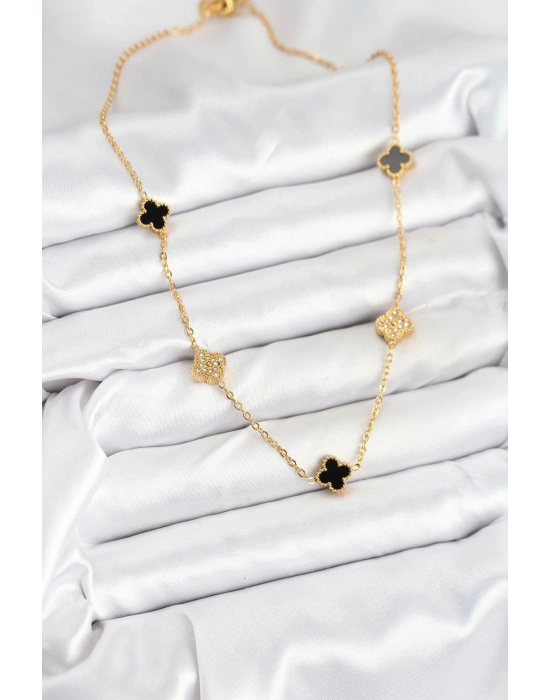 316L Çelik Zincir Gold Renk Siyah ve Zirkon Taşlı Baby Boy Yonca Kadın Kolye