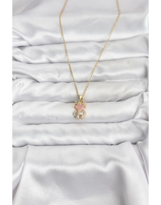 316L Çelik Zincir Gold Renk Teddy Bear Model Zirkon Taşlı Kadın Kolye