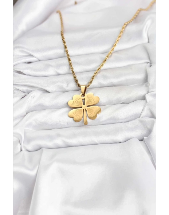 316L Çelik Zincir Gold Renk Yonca Model 60 cm Kadın Kolye
