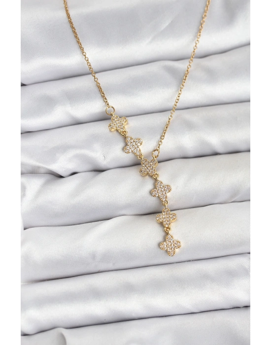 316L Çelik Zincir Gold Renk Yonca Model Kadın Kolye