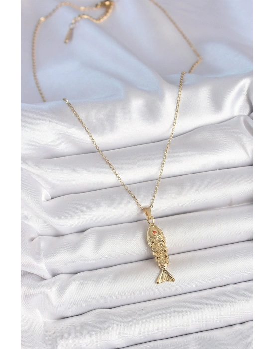 316L Çelik Zincir Gold Renk Zirkon Taşlı Balık Figürlü Kolye