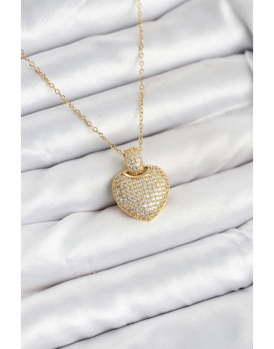 316L Çelik Zincir Gold Renk Zirkon Taşlı Kalpli Kadın Kolye