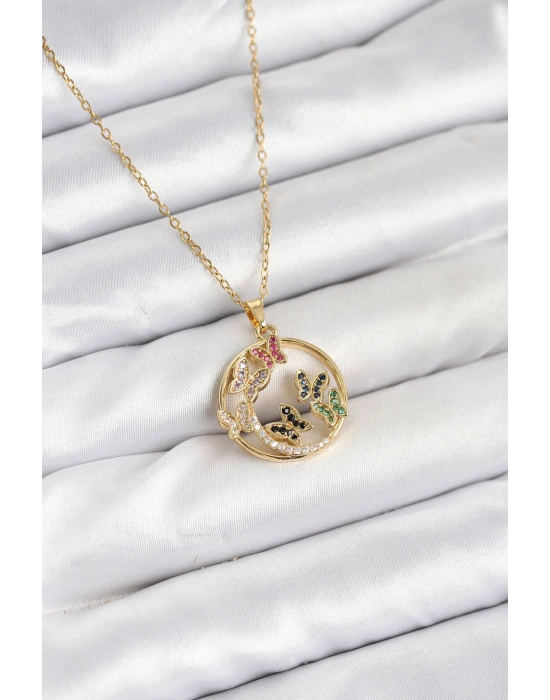 316L Çelik Zincir Gold Renk Zirkon Taşlı Kelebekli Kadın Kolye