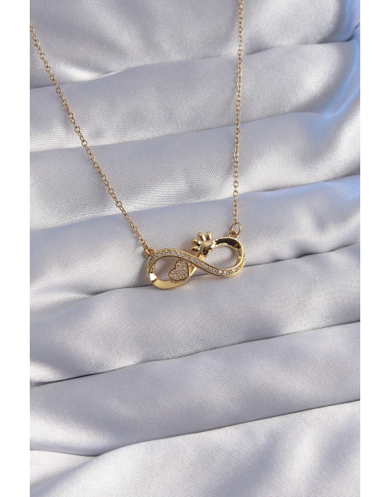 316L Çelik Zincir Gold Renk Zirkon Taşlı Pati ve Kalp Detaylı Sonsuzluk Kolye