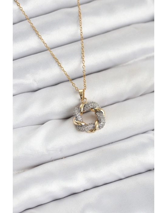 316L Çelik Zincir Gold Renk Zirkon Taşlı Sarmal Model Kadın Kolye