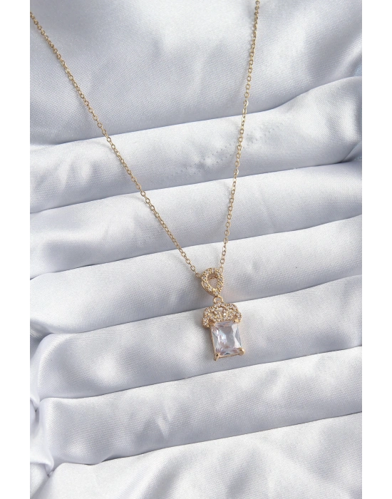 316L Çelik Zincir Gold Renk Zirkon Taşlı Taç Model Kadın Kolye