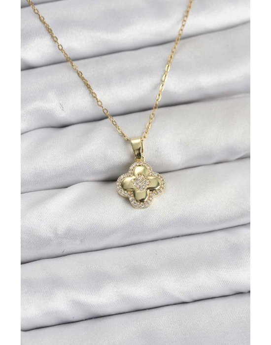 316L Çelik Zincir Gold Renk Zirkon Taşlı Yonca Model Kadın Kolye