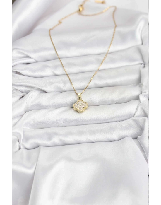 316L Çelik Zincir Gold Renk Zirkon Taşlı Yonca Model Kadın Kolye