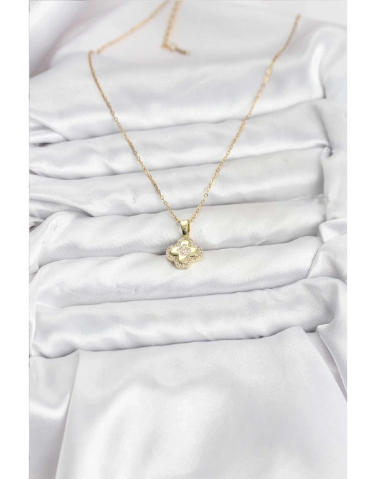 316L Çelik Zincir Gold Renk Zirkon Taşlı Yonca Model Kadın Kolye
