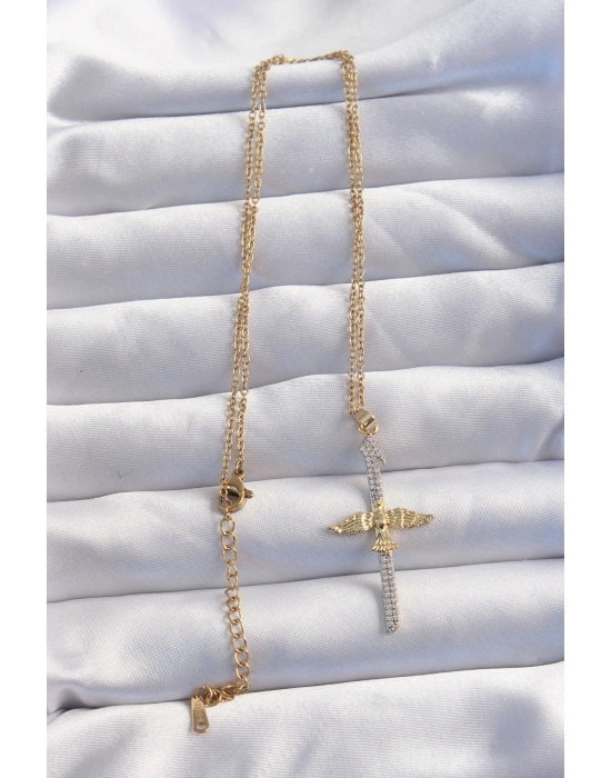 316L Çelik Zincir Gold Renkli Zirkon Taşlı Anka Kuşu Kolye