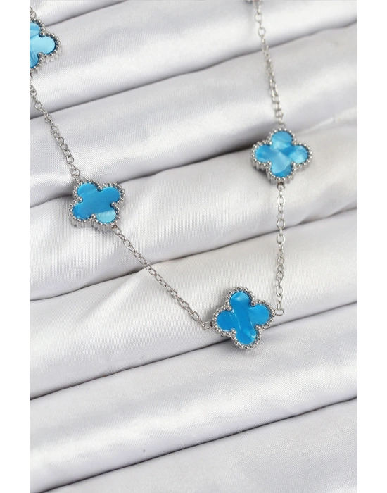 316L Çelik Zincir Gümüş Buz Mavisi Renk Yonca Kadın Kolye