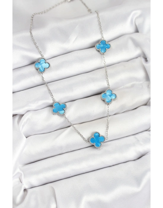 316L Çelik Zincir Gümüş Buz Mavisi Renk Yonca Kadın Kolye