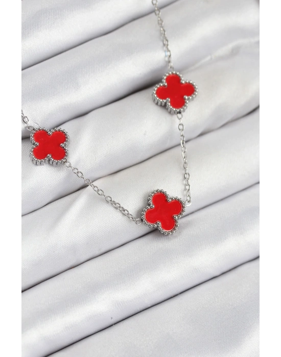 316L Çelik Zincir Gümüş Kırmızı Renk Yonca Kadın Kolye