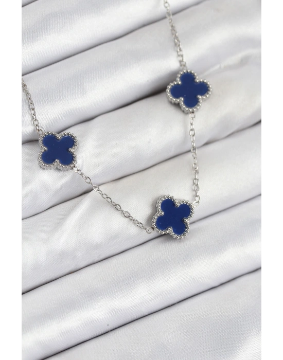 316L Çelik Zincir Gümüş Lacivert Renk Yonca Kadın Kolye