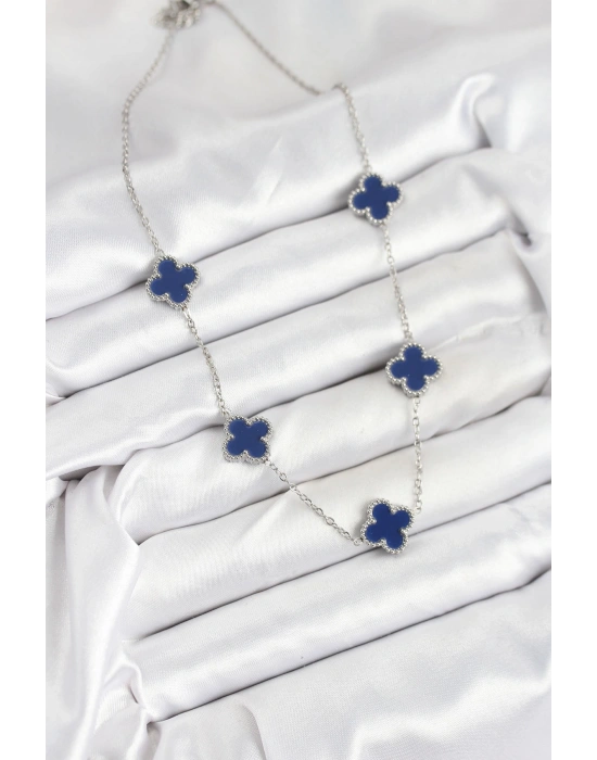 316L Çelik Zincir Gümüş Lacivert Renk Yonca Kadın Kolye
