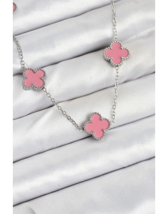 316L Çelik Zincir Gümüş Pembe Renk Yonca Kadın Kolye