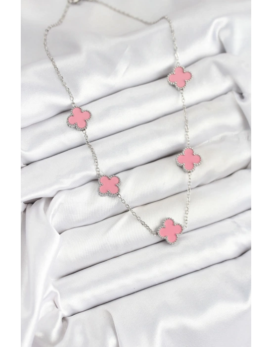 316L Çelik Zincir Gümüş Pembe Renk Yonca Kadın Kolye