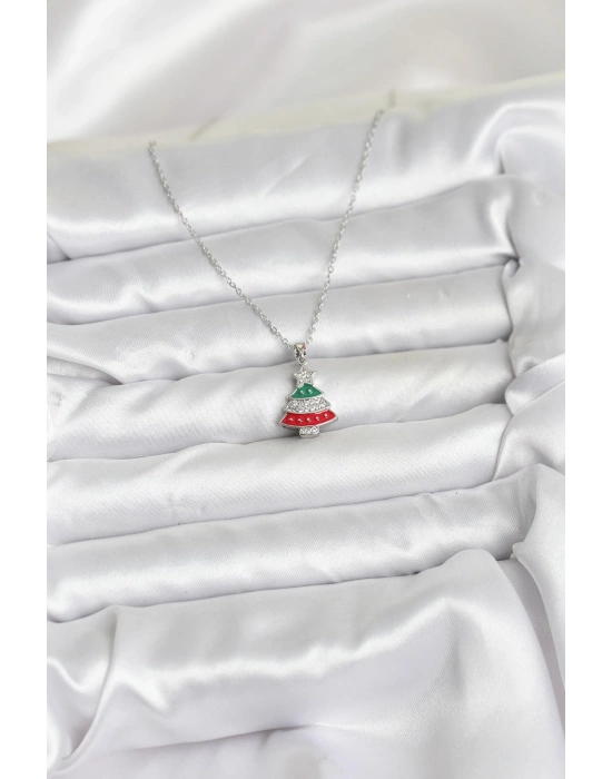 316L Çelik Zincir Gümüş Ren Çam Ağacı Model Zirkon Taşlı Yılbaşı Temalı Kadın Kolye