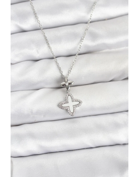 316L Çelik Zincir Gümüş Renk 4 Yapraklı Yonca Model Zirkon Taşlı Kadın Kolye