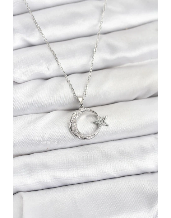 316L Çelik Zincir Gümüş Renk Ay Yıldız Model Zirkon Taşlı Kadın Kolye