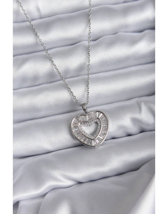 316L Çelik Zincir Gümüş Renk Baget Zirkon Taşlı Kadın Kolye