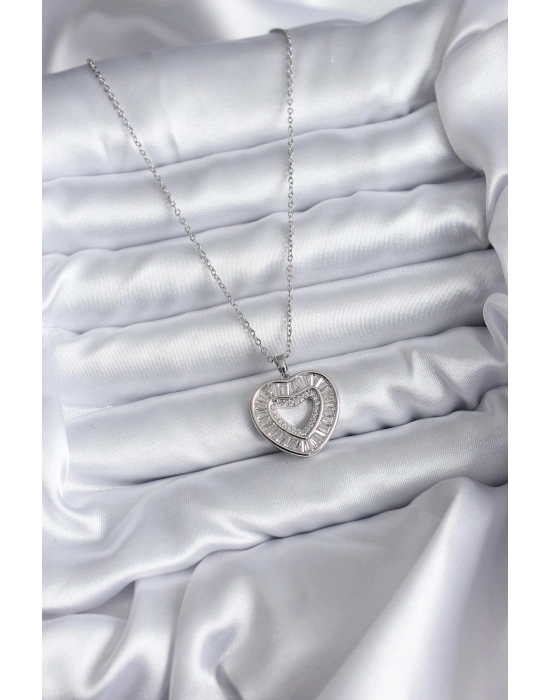 316L Çelik Zincir Gümüş Renk Baget Zirkon Taşlı Kadın Kolye