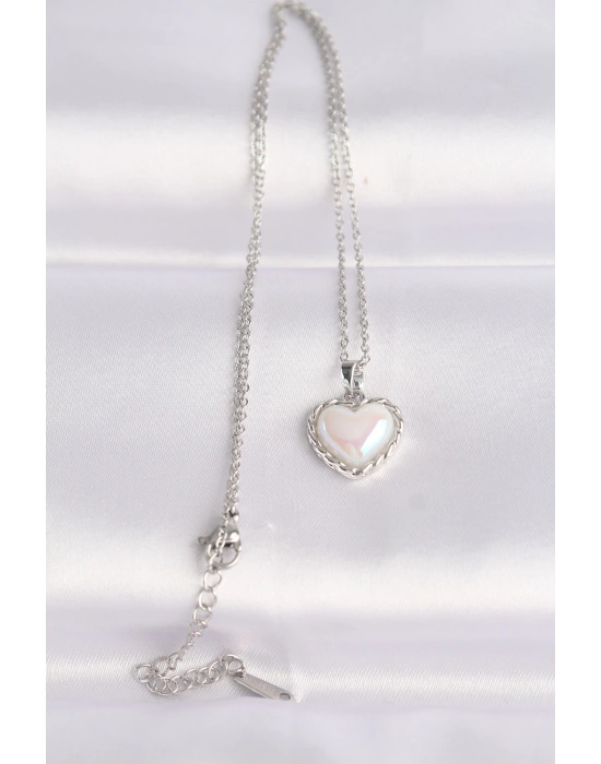 316L Çelik Zincir Gümüş Renk Beyaz Taşlı Bombeli Kalp Kolye