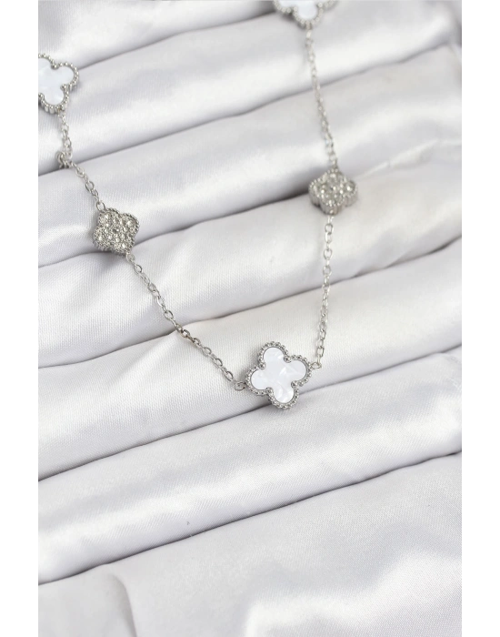 316L Çelik Zincir Gümüş Renk Beyaz ve Zirkon Taşlı Yonca Kadın Kolye