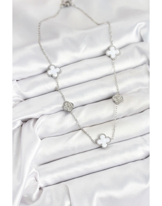 316L Çelik Zincir Gümüş Renk Beyaz ve Zirkon Taşlı Yonca Kadın Kolye