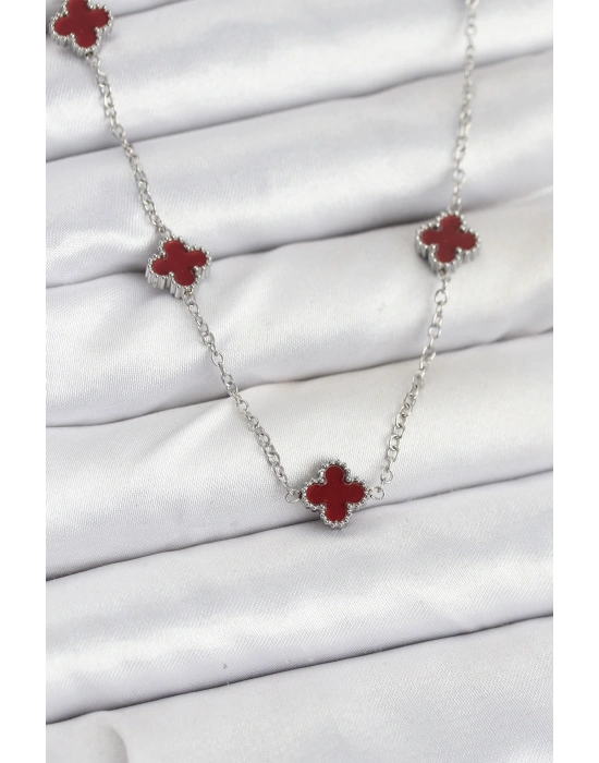 316L Çelik Zincir Gümüş Renk Bordo Baby Boy Yonca Kadın Kolye