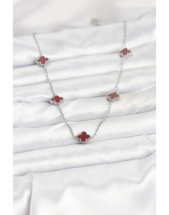 316L Çelik Zincir Gümüş Renk Bordo Baby Boy Yonca Kadın Kolye