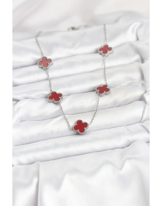 316L Çelik Zincir Gümüş Renk Bordo Renk Yonca Kadın Kolye