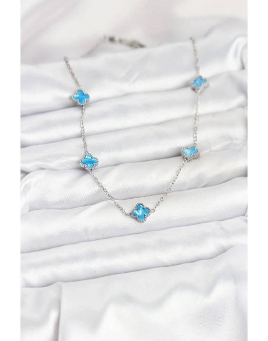 316L Çelik Zincir Gümüş Renk Buz Mavisi Baby Boy Yonca Kadın Kolye