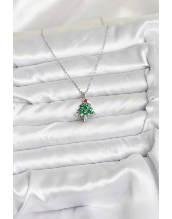 316L Çelik Zincir Gümüş Renk Çam Ağacı Model Yılbaşı Temalı Kadın Kolye