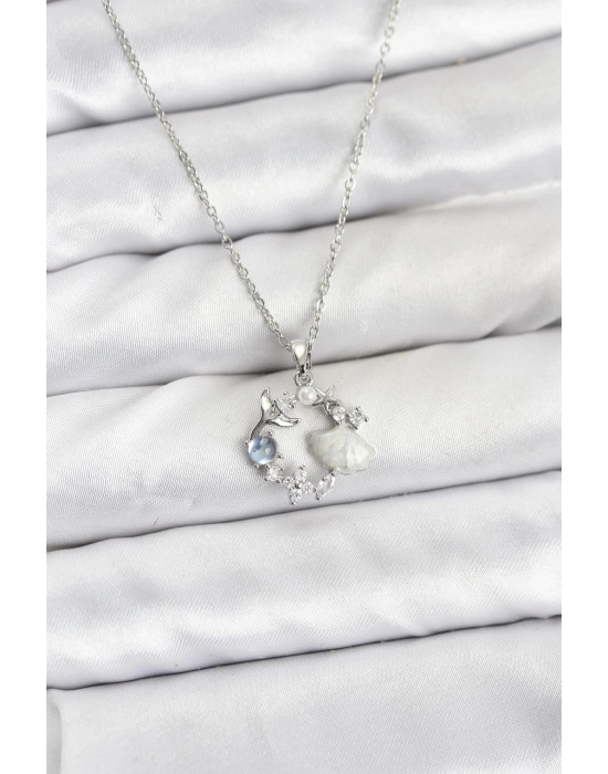 316L Çelik Zincir Gümüş Renk Deniz Tema Model Zirkon Taşlı Kadın Kolye