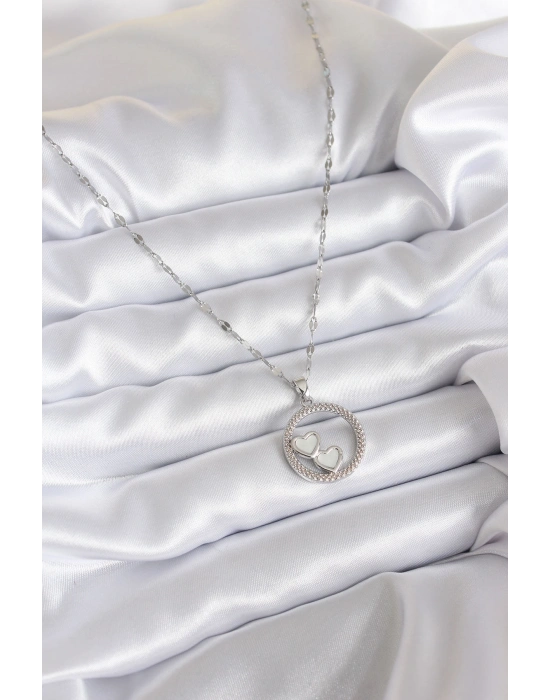 316L Çelik Zincir Gümüş Renk İşleme Detay Halka Kalp Model Kadın Kolye