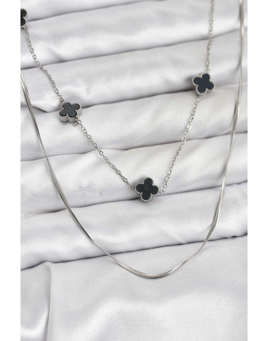 316L Çelik Zincir Gümüş Renk İtalyan Zincirli Siyah Yonca Model Kadın Kolye