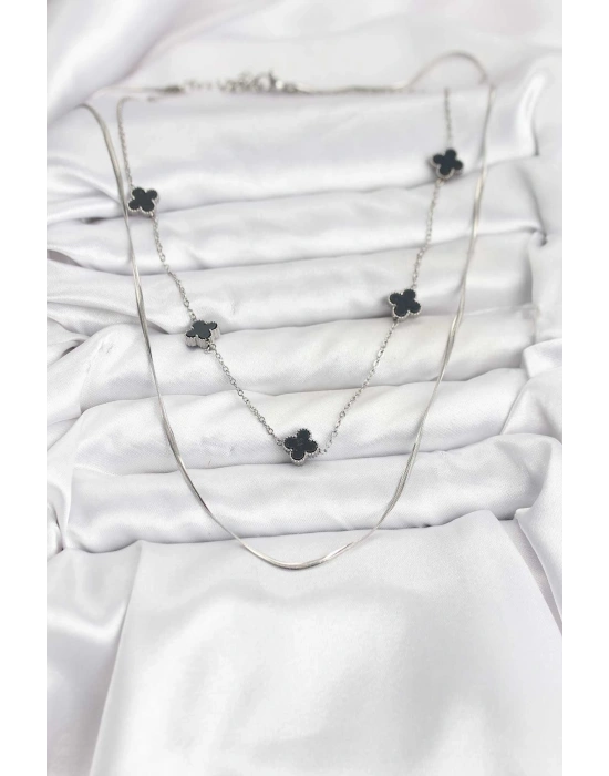 316L Çelik Zincir Gümüş Renk İtalyan Zincirli Siyah Yonca Model Kadın Kolye