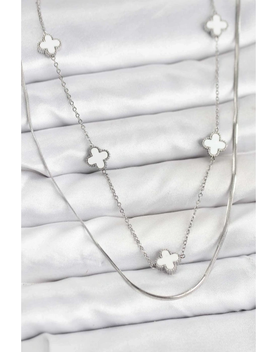 316L Çelik Zincir Gümüş Renk İtalyan Zincirli Yonca Model Kadın Kolye