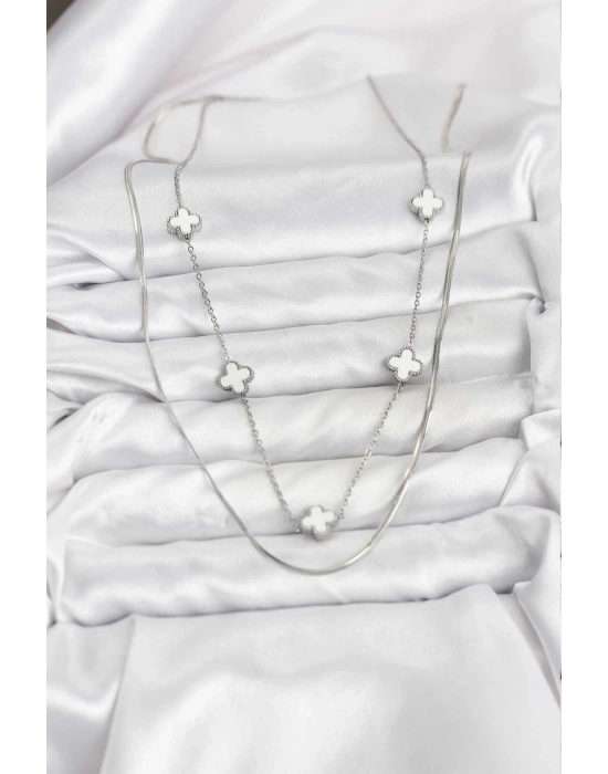 316L Çelik Zincir Gümüş Renk İtalyan Zincirli Yonca Model Kadın Kolye